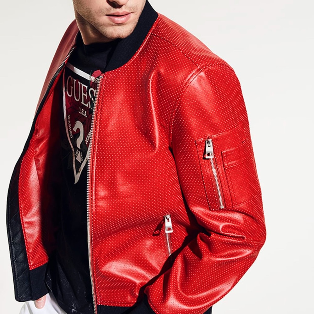 GUESS Aces Perforated Faux-Leather Bomber Jacket